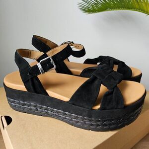 NEW IN BOX UGG NEUSCH BLACK GENUINE LEATHER PLATFORM SANDALS SIZE 9.5